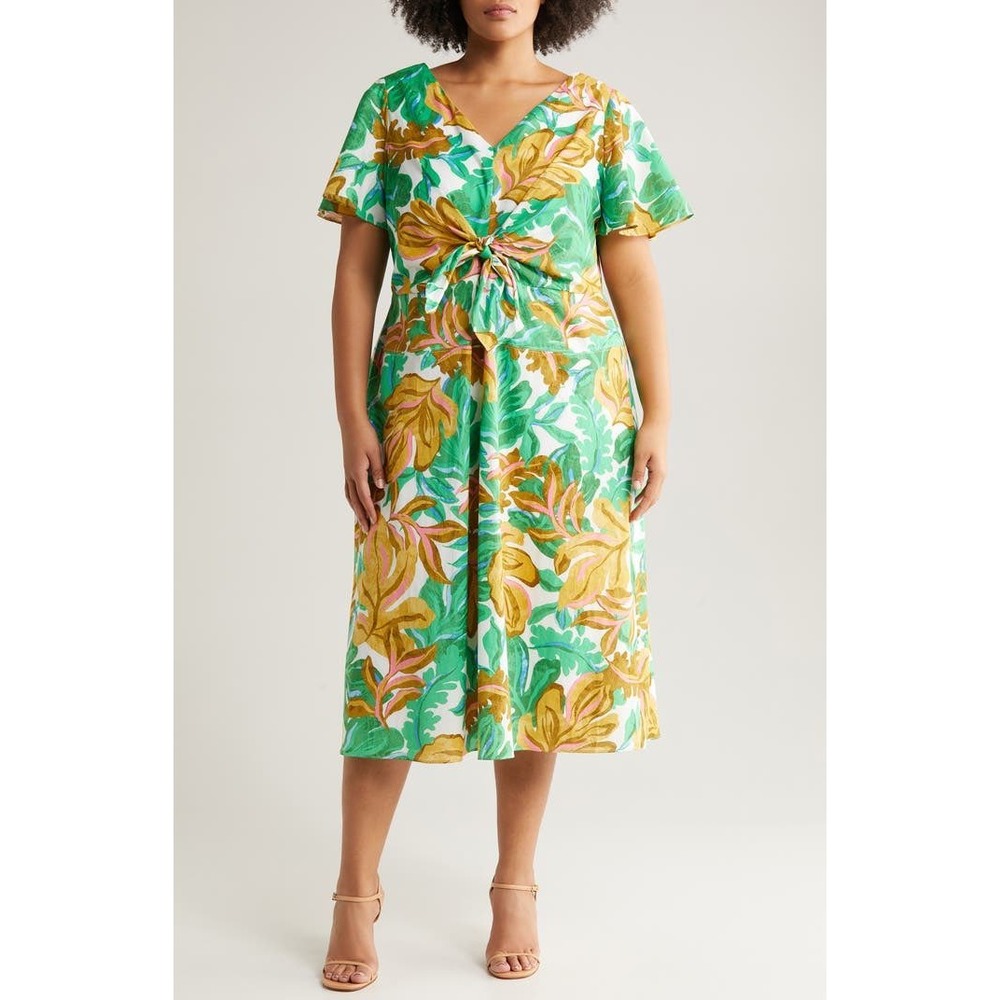 Maggy London Front Tie Flutter Sleeve Tropical‎ Leaf Print Midi Dress Womens 18